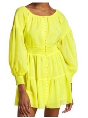 Alice and Olivia Kiara Yellow Button-Front Tiered Mini Dress